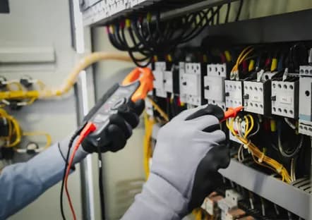 Elektriker mäter med multimeter i en elcentral