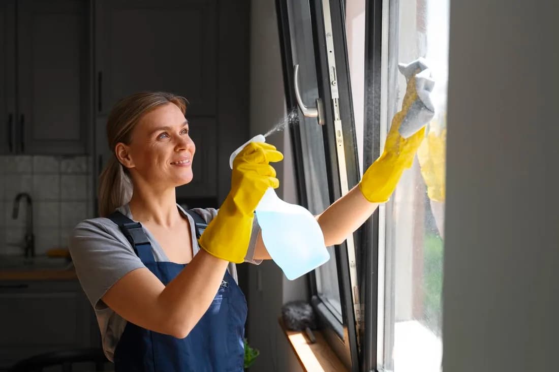 Kvinna putsar fönster med sprayflaska