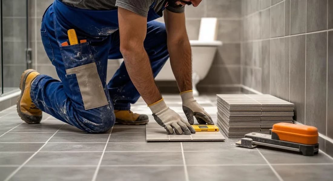 Plattsättare justerar klinker med nivelleringssystem