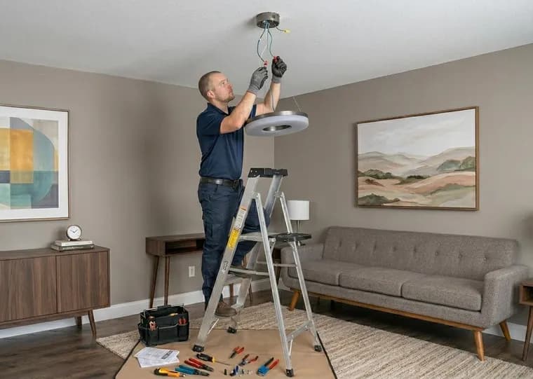 Elektriker på stege installerar taklampa i ett vardagsrum
