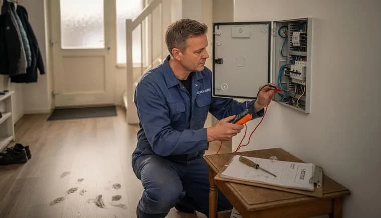 Elektriker mäter i en öppen elcentral med multimeter