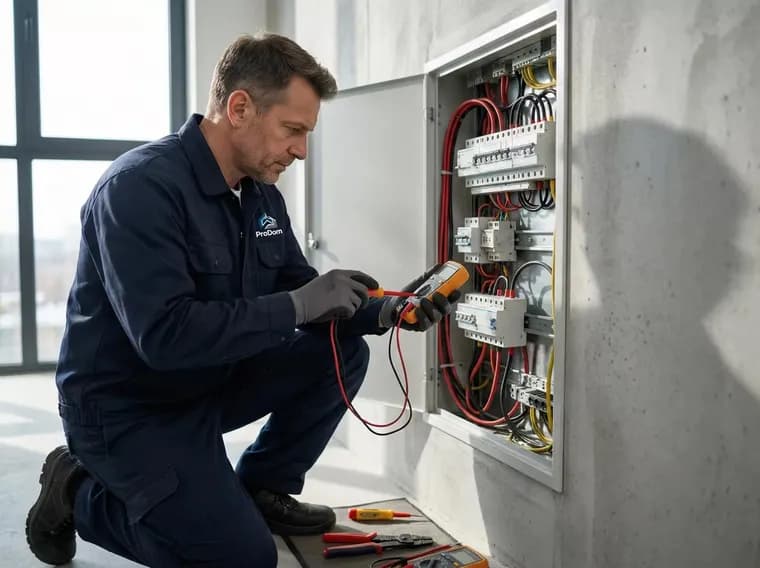 Elektriker felsöker en elcentral med mätinstrument