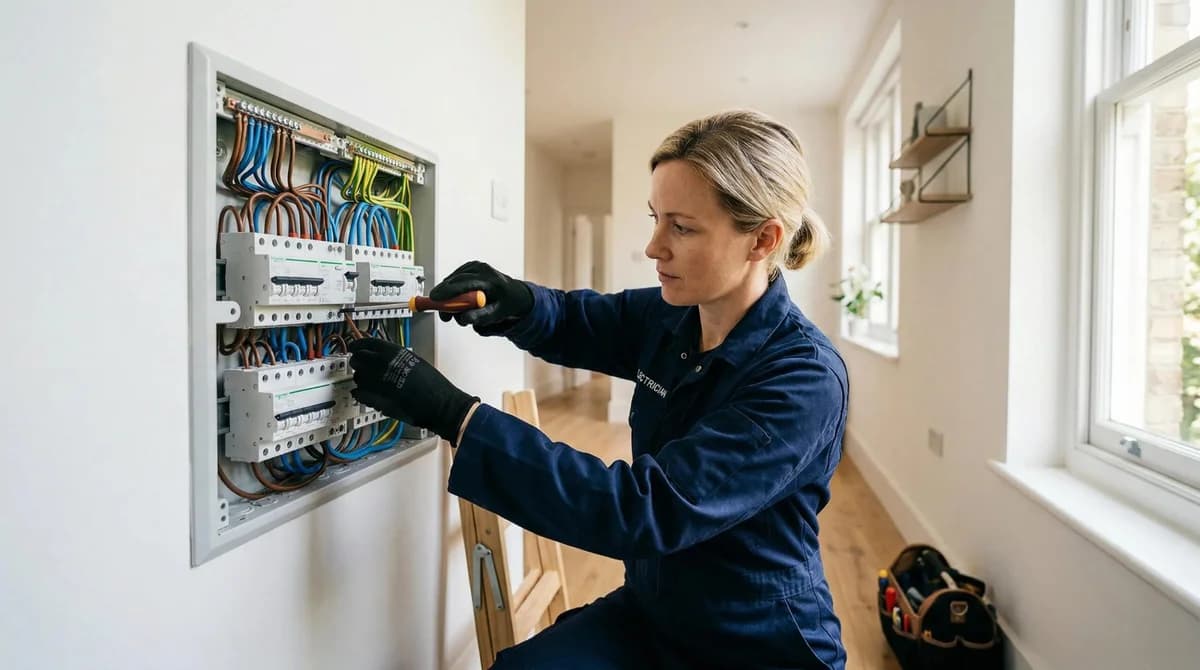 Elektriker kopplar in kablar i en elcentral i ett hem