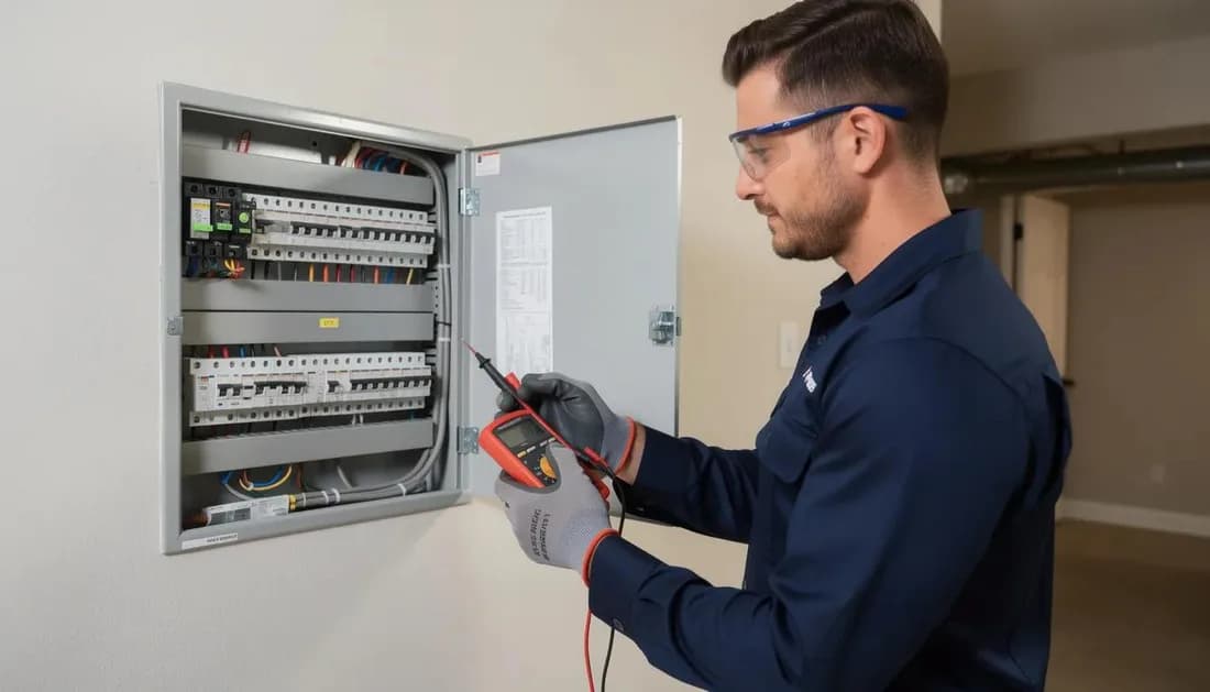 Elektriker med skyddsglasögon mäter i en modern elcentral