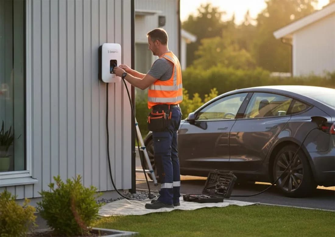 Elektriker installerar en laddbox vid en elbil på uppfarten