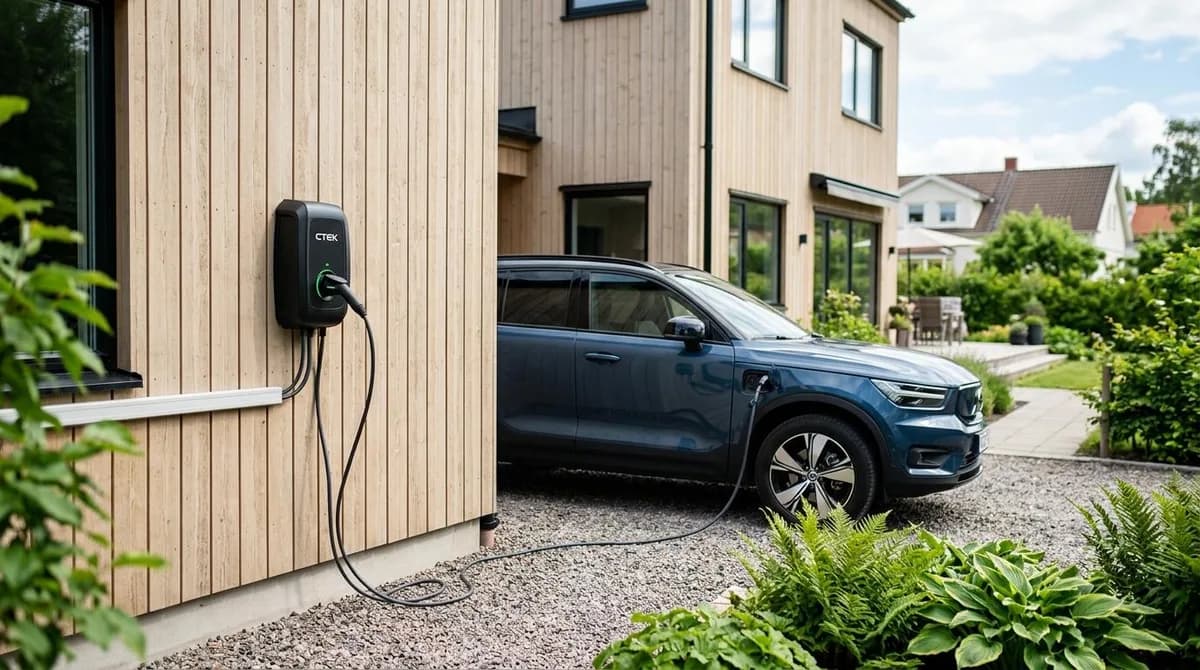 Laddbox för elbil monterad på en träfasad bredvid en parkerad bil