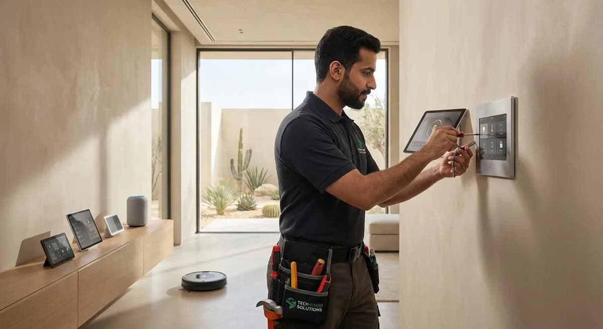 Elektriker installerar en smart styrpanel på väggen