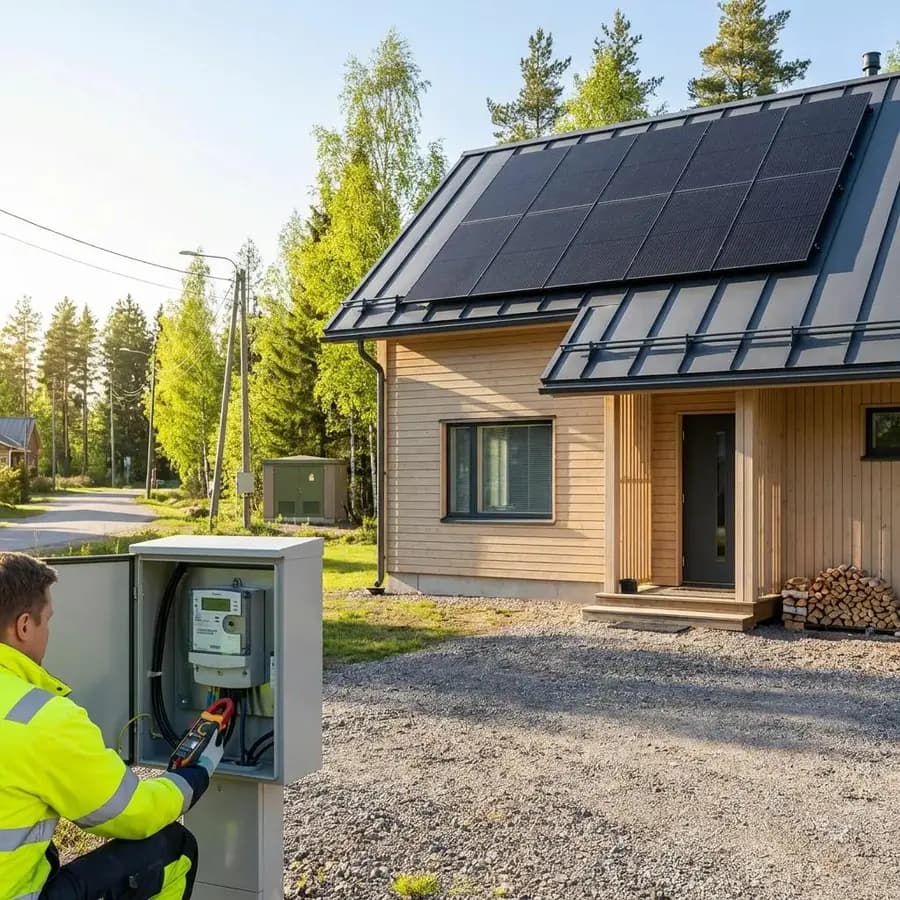 Villa med solceller på taket och elektriker vid mätarskåpet