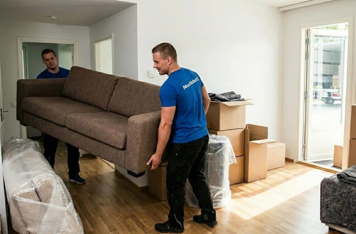 Flyttare bär en tung soffa genom ett vardagsrum