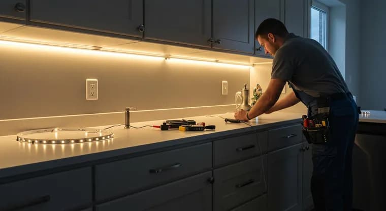 Elektriker monterar LED-list under köksskåpen