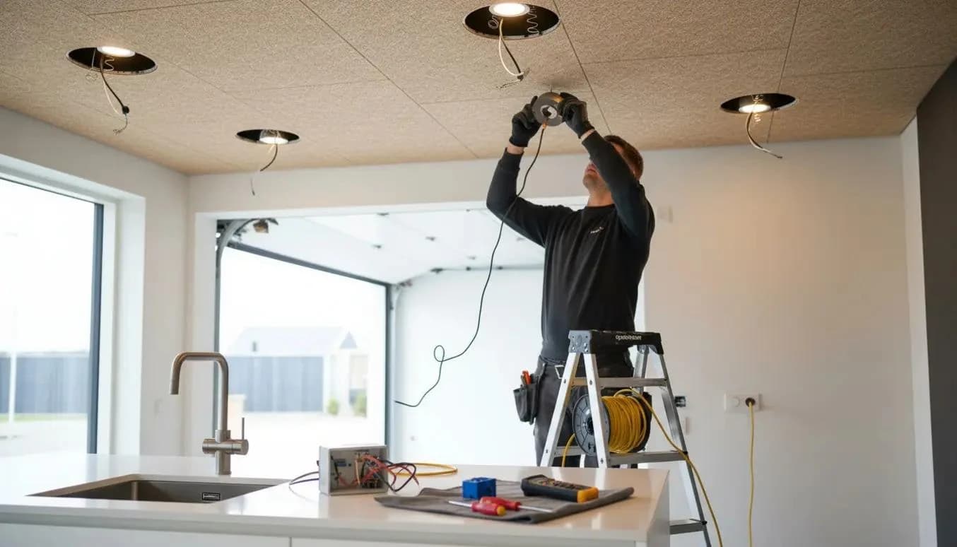 Elektriker monterar spotlights i taket ovanför en köksö