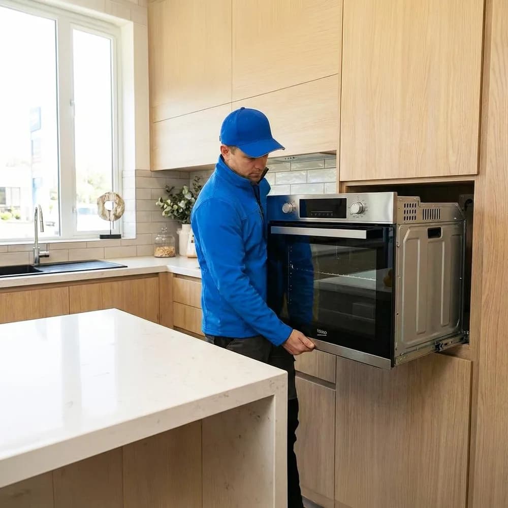 Montör installerar en inbyggnadsugn