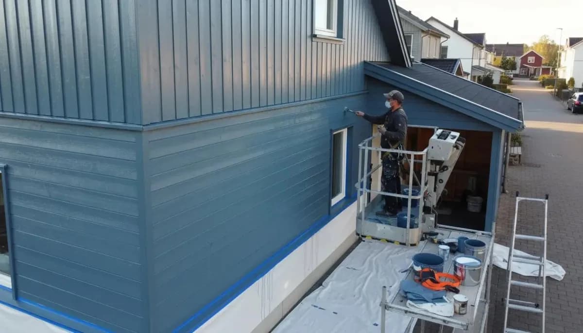 Målare på skylift målar en blå husfasad