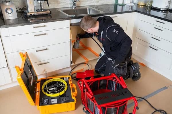 Rörmokare med rensutrustning och kamera i ett kök