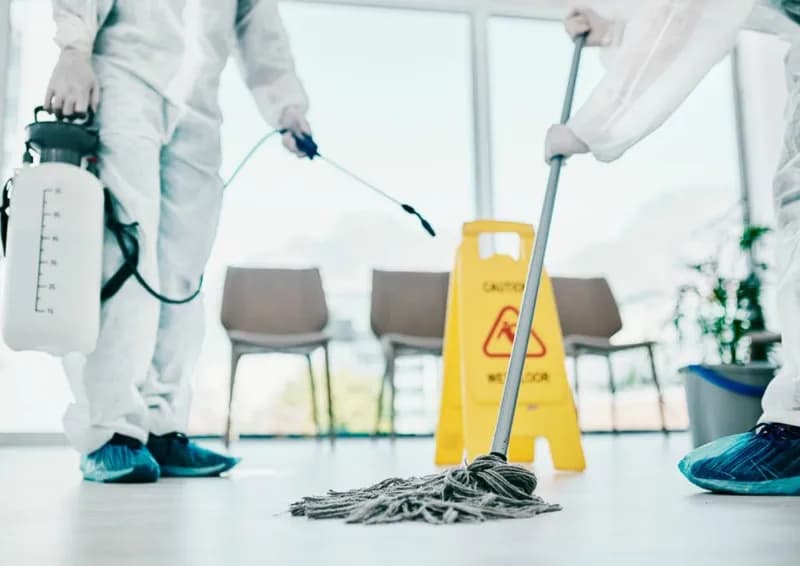 Städare i skyddsdräkt moppar och desinficerar ett golv
