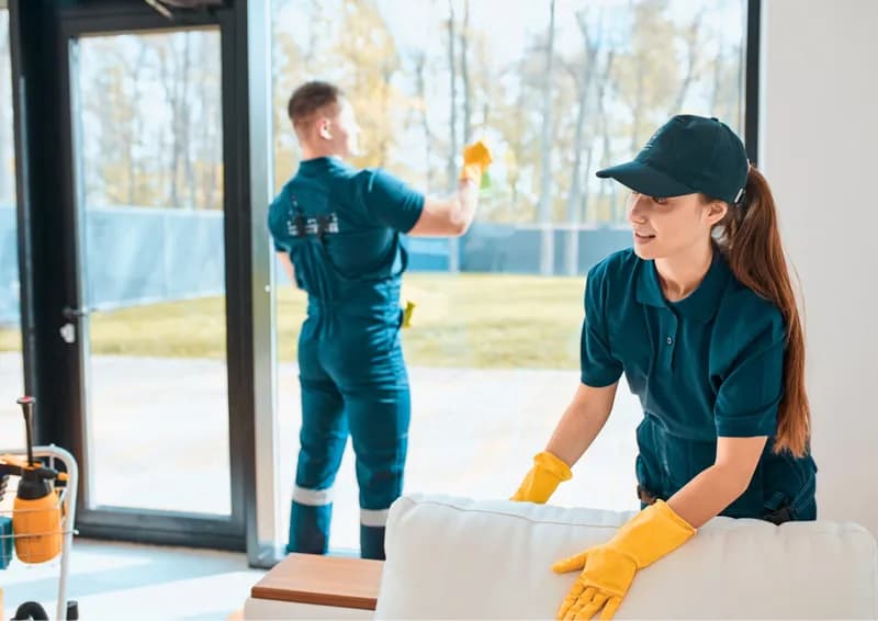 Städare torkar soffa och putsar fönster inför bostadsvisning