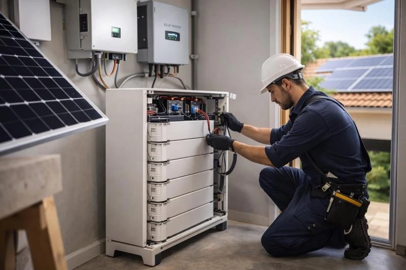 Elektriker installerar ett batterilager för solceller vid ett hus