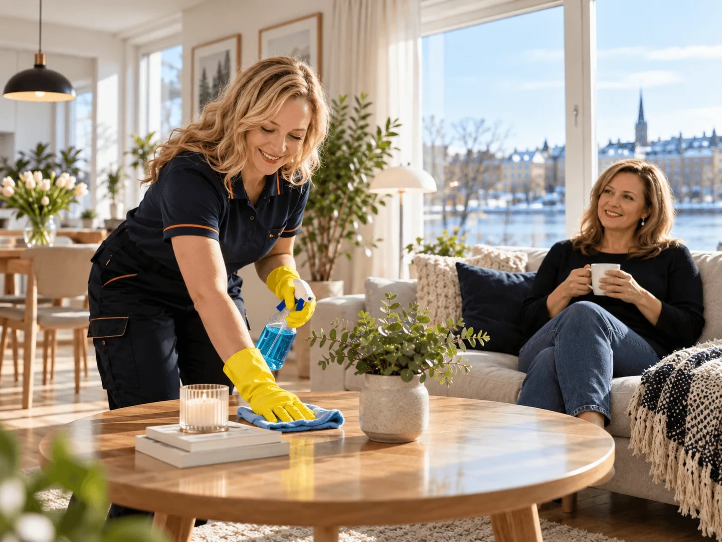 Städare torkar soffbord medan kunden dricker kaffe i soffan