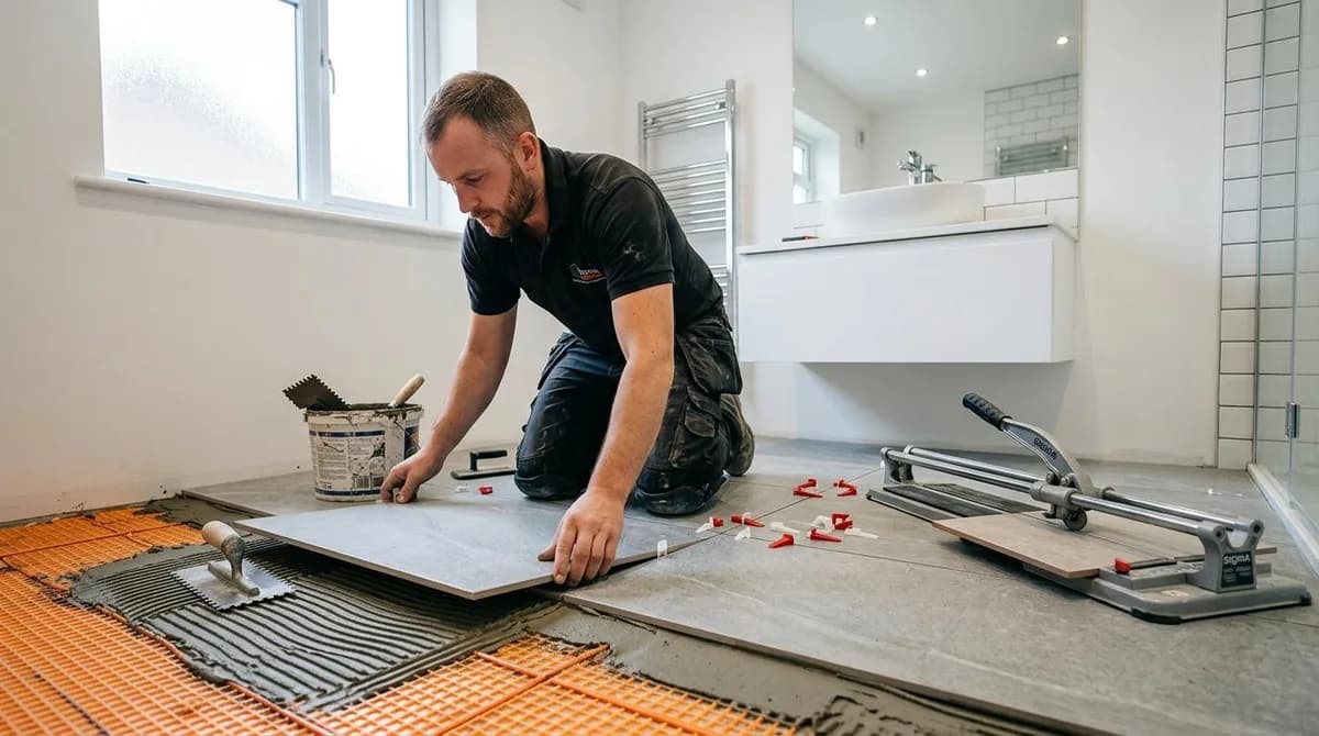 Plattsättare lägger klinker på golvvärme i ett badrum